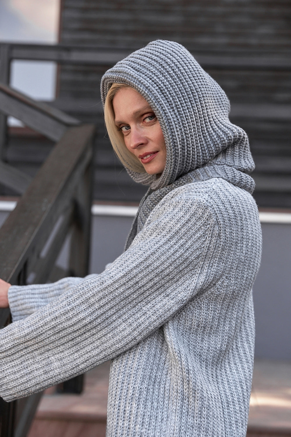 Chunky Wool Knit Snood Hooded Scarf, Gray