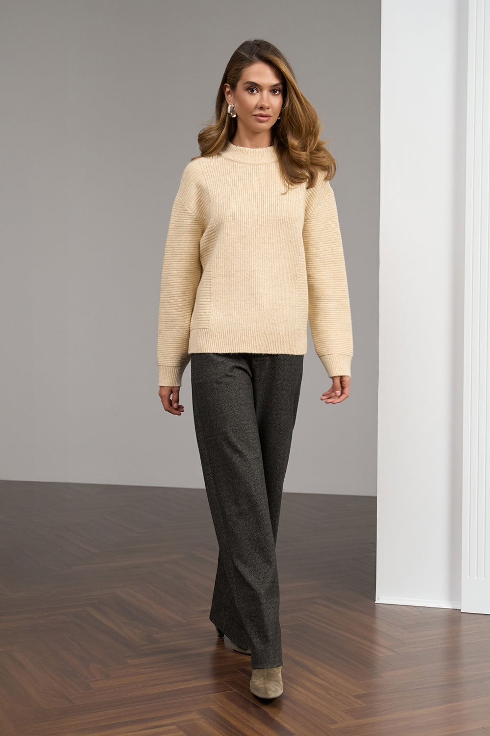 Wool Mohair Sweater with Mixed Patterns, Beige