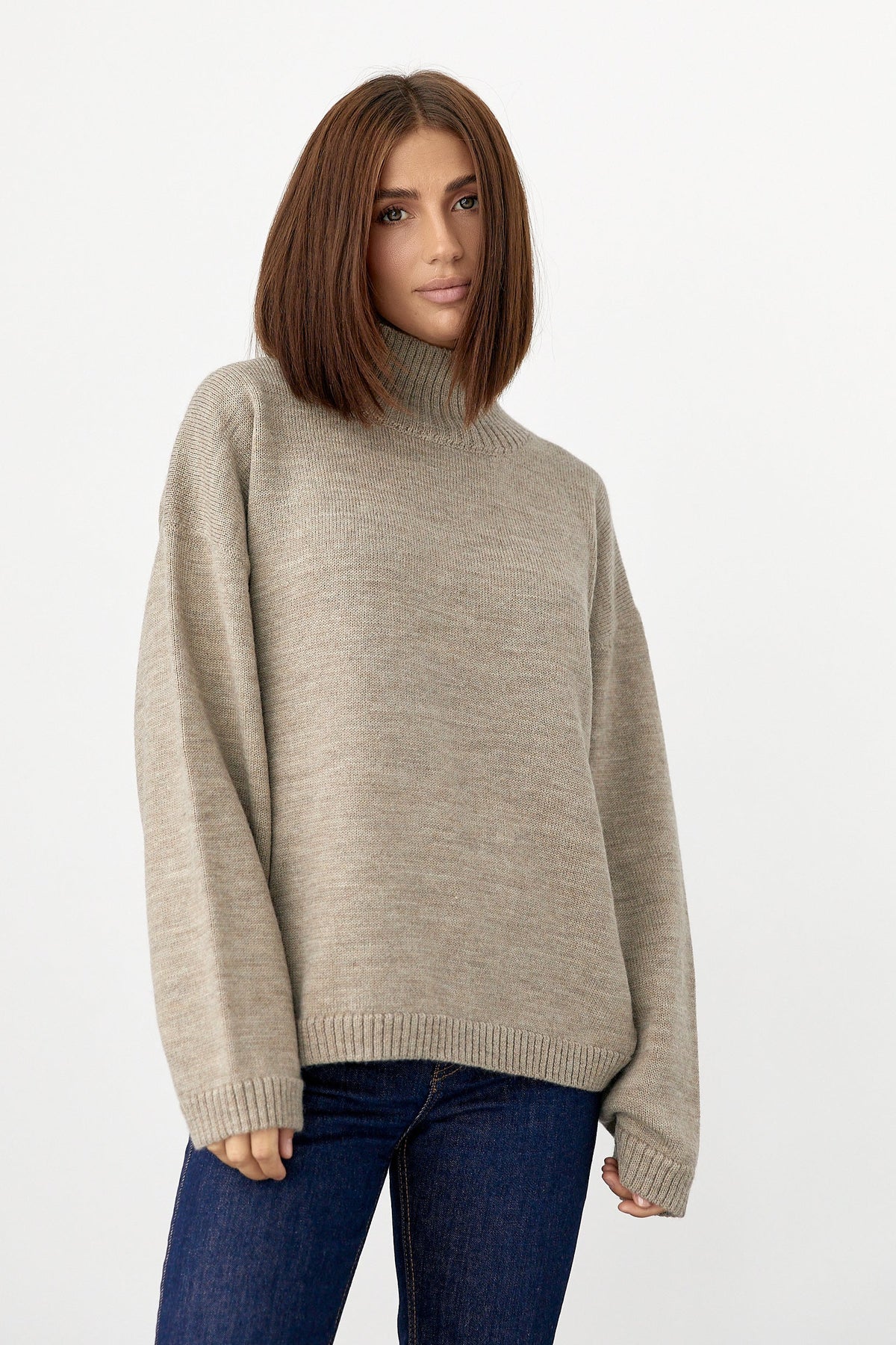 100% Wool Oversized Mock Neck Sweater, Taupe Sand