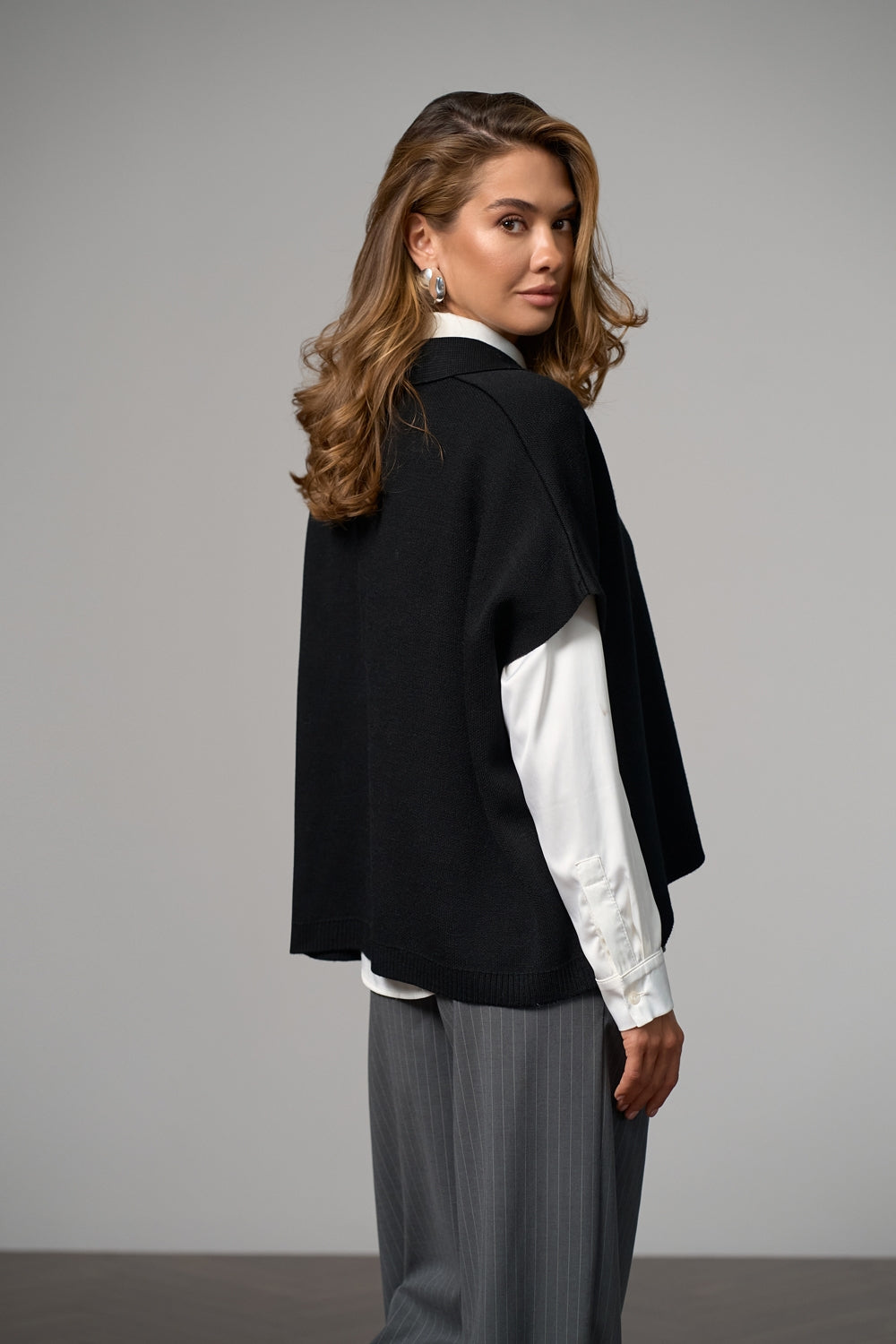 Wool Knit Poncho Vest With Polo Collar, Black