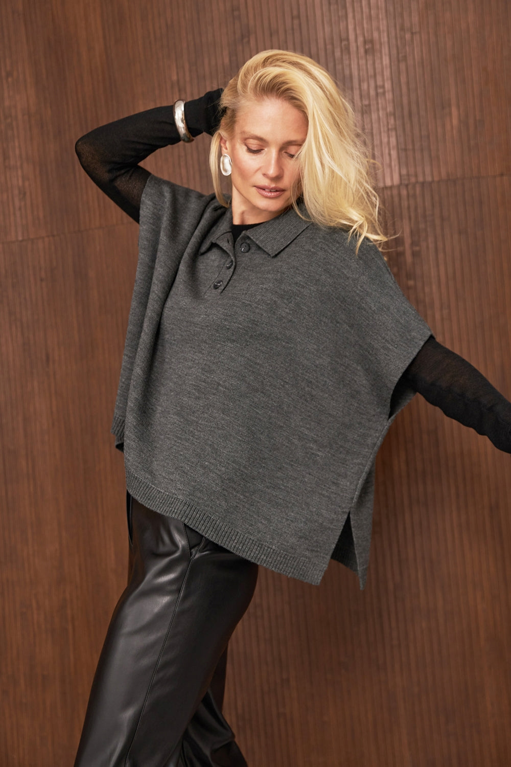 Wool Knit Poncho Vest With Polo Collar, Dark Gray