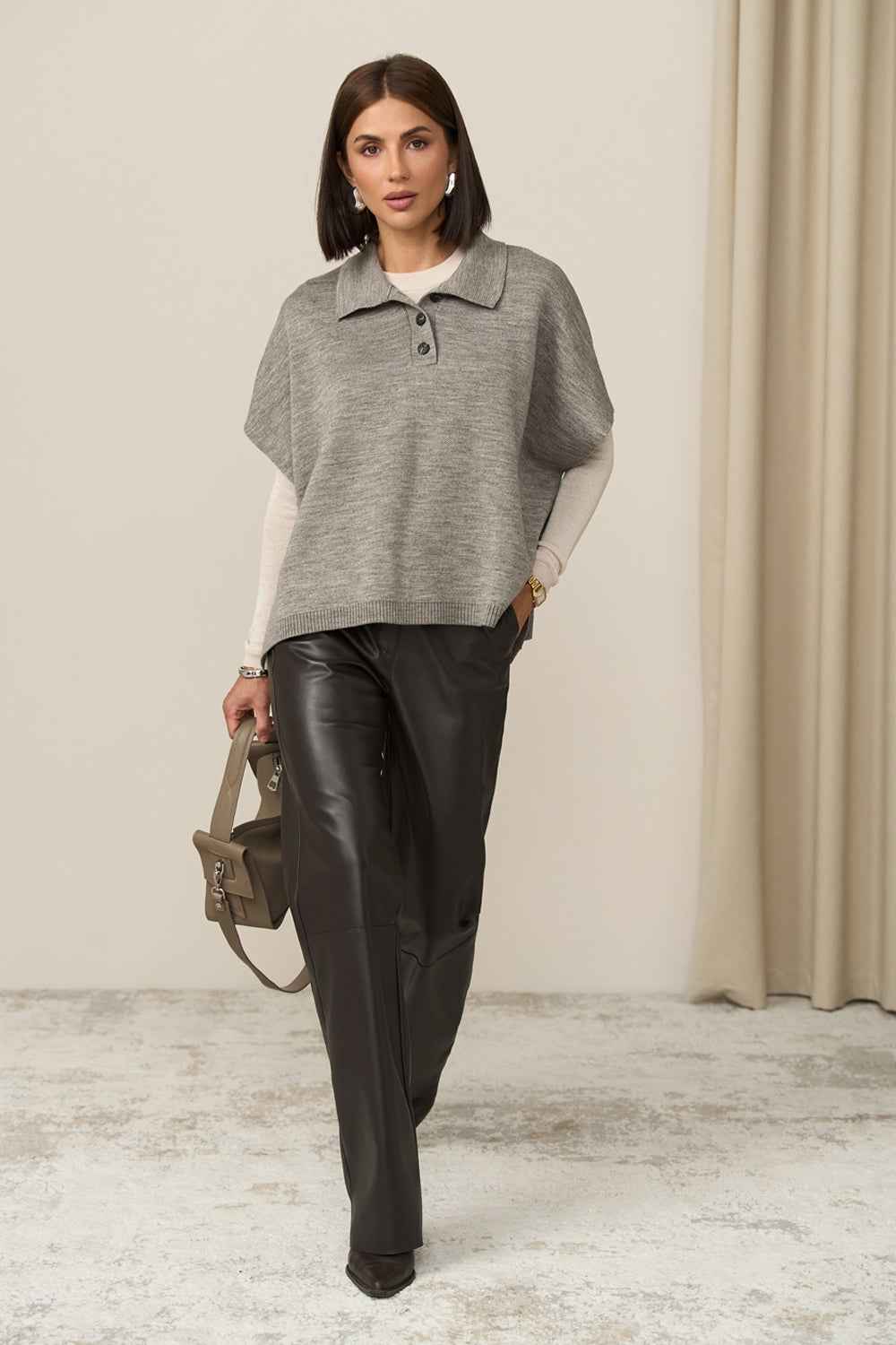 Wool Knit Poncho Vest With Polo Collar, Gray
