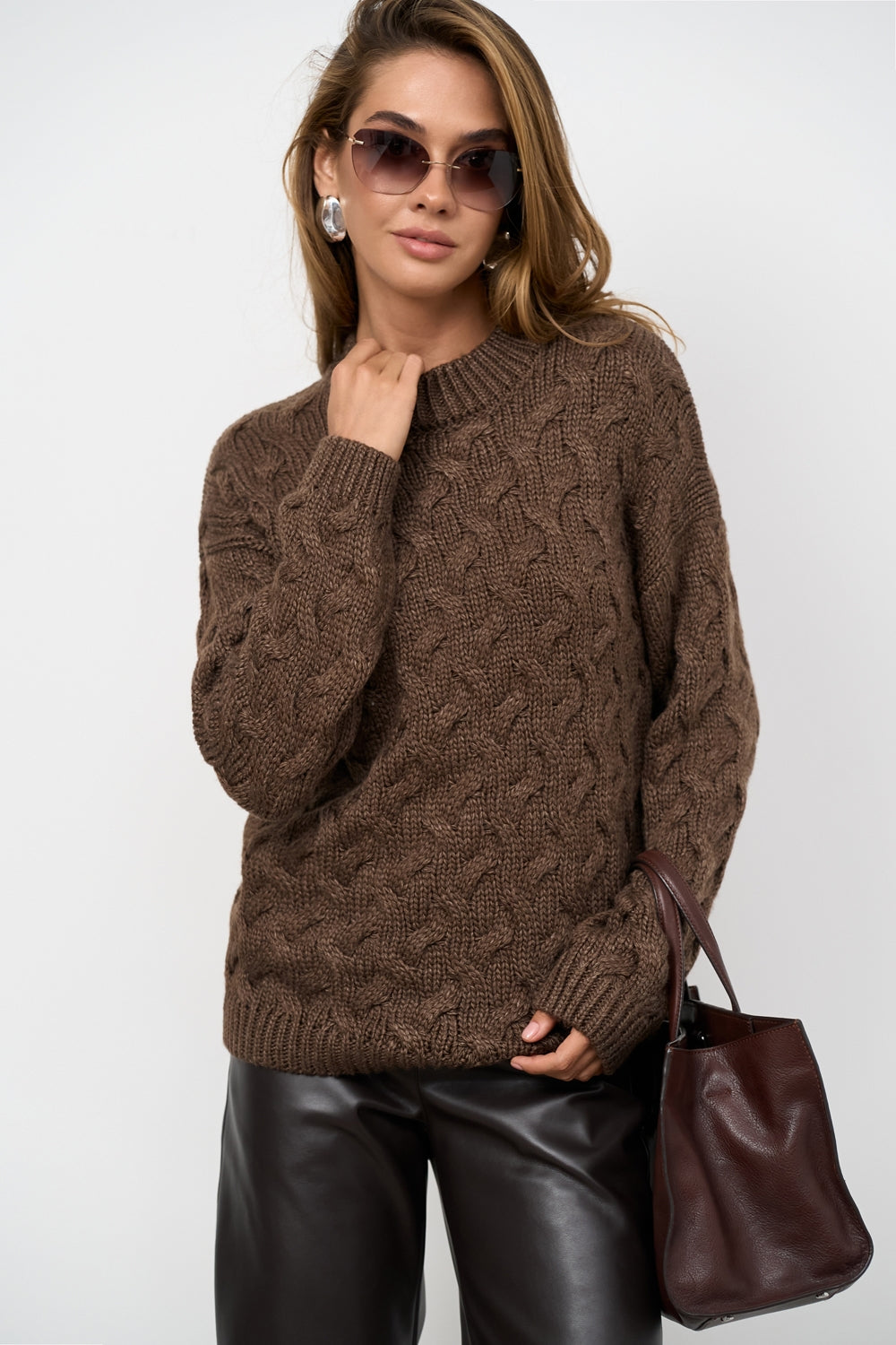 Wool Sweater with Textured Lace Knit, Bronze