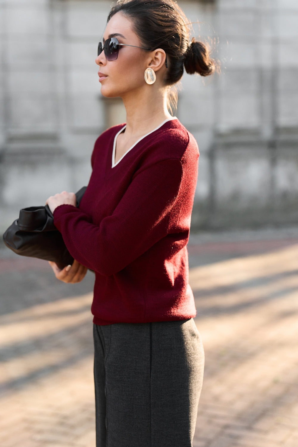 Wool V-Neck Sweater with Contrast Trim
