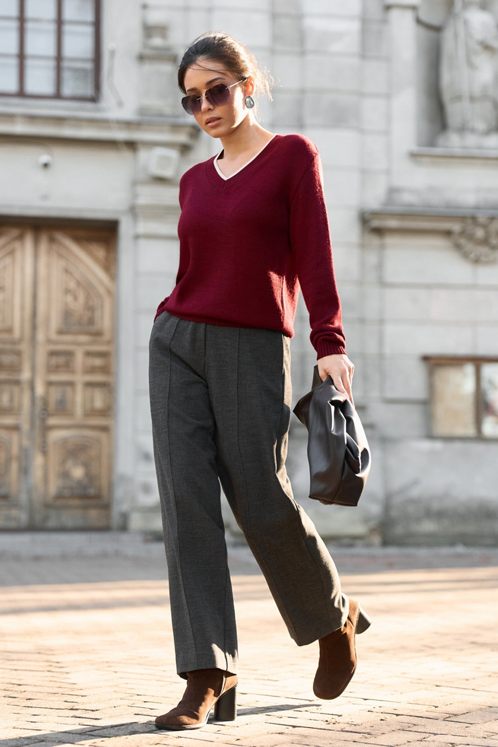 Wool V-Neck Sweater with Contrast Trim