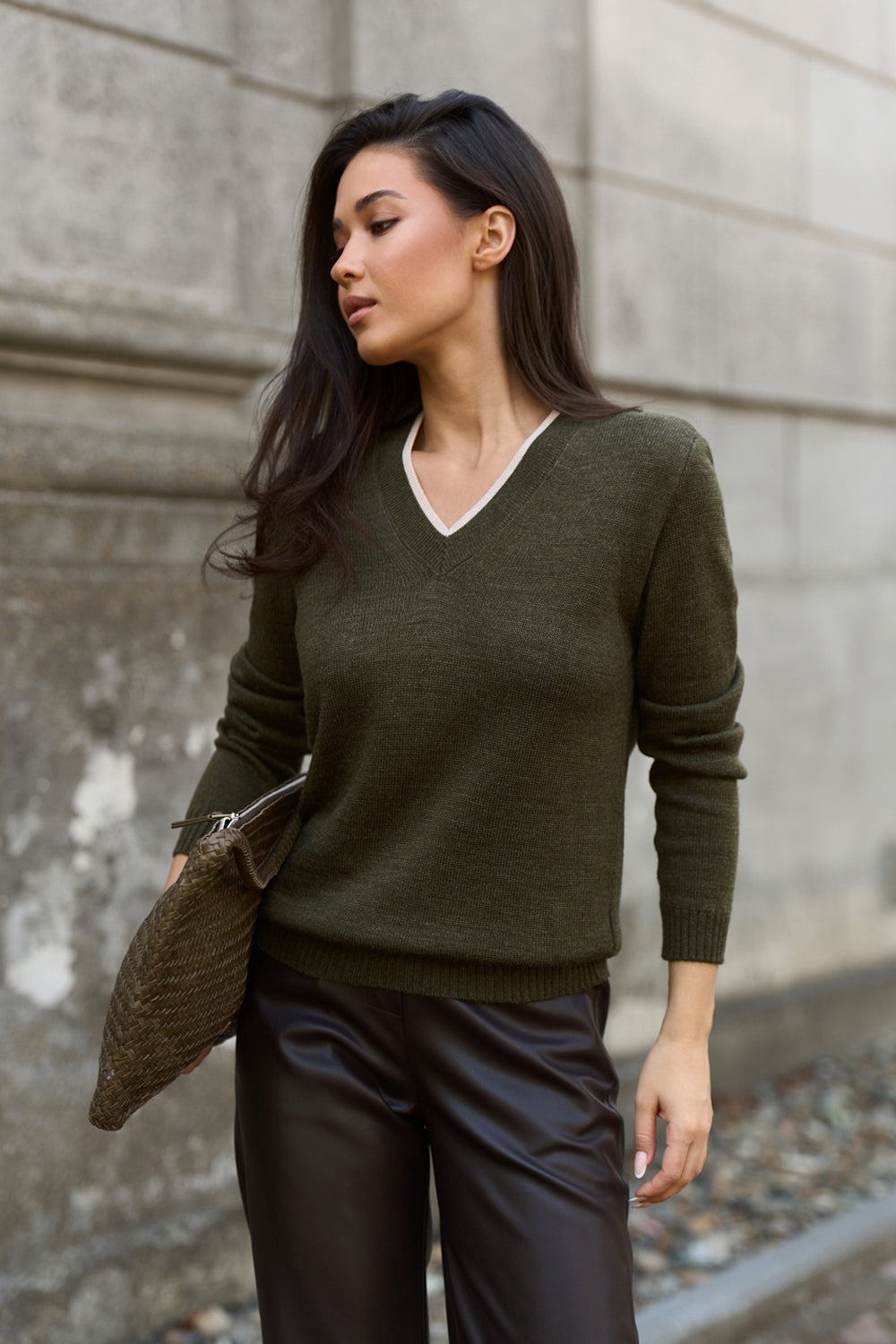 Wool V-Neck Sweater with Contrast Trim