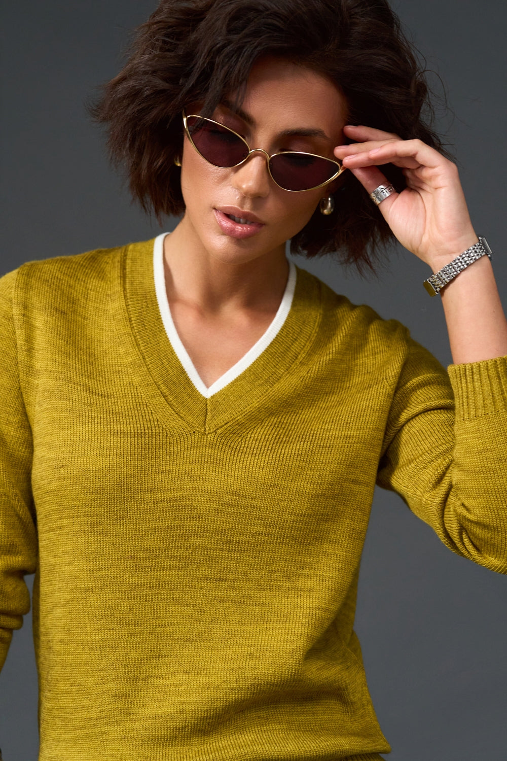 Wool V-Neck Sweater with Contrast Trim
