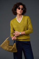 Wool V-Neck Sweater with Contrast Trim
