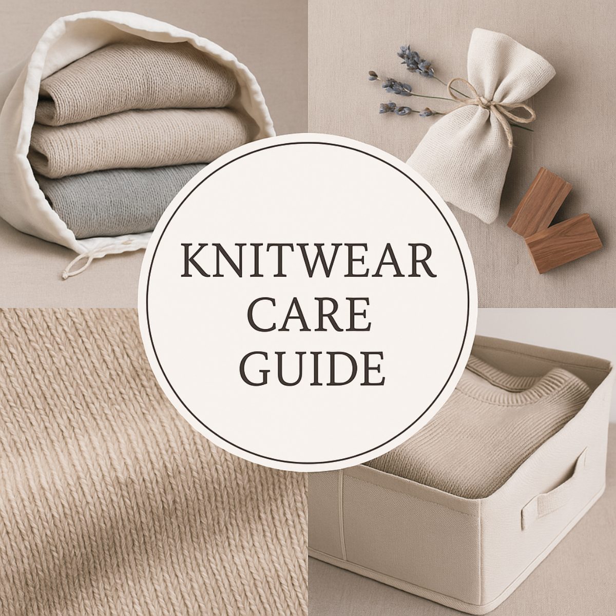 Folded wool sweaters in natural cotton storage bag — knitwear care guide