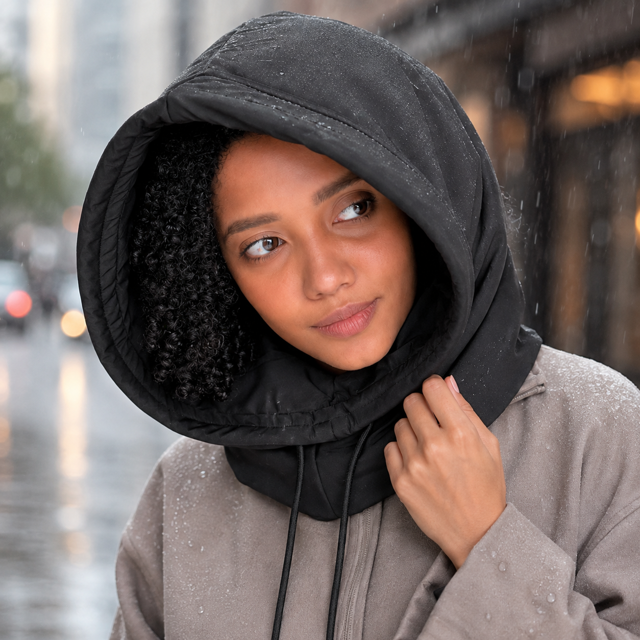 Woman wearing the black MammyHug oversized waterproof rain hood around curly hair