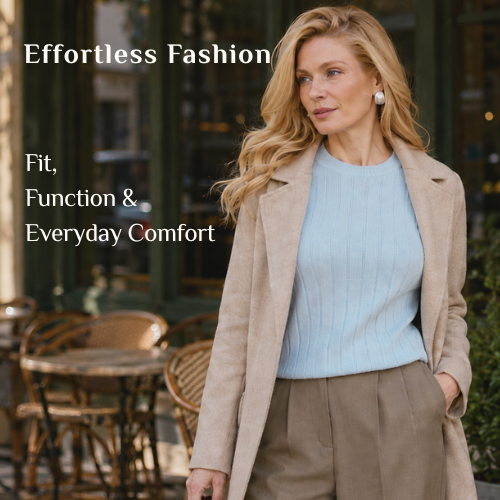 Woman wearing a beige blazer over a light blue knit top in an effortless everyday outfit