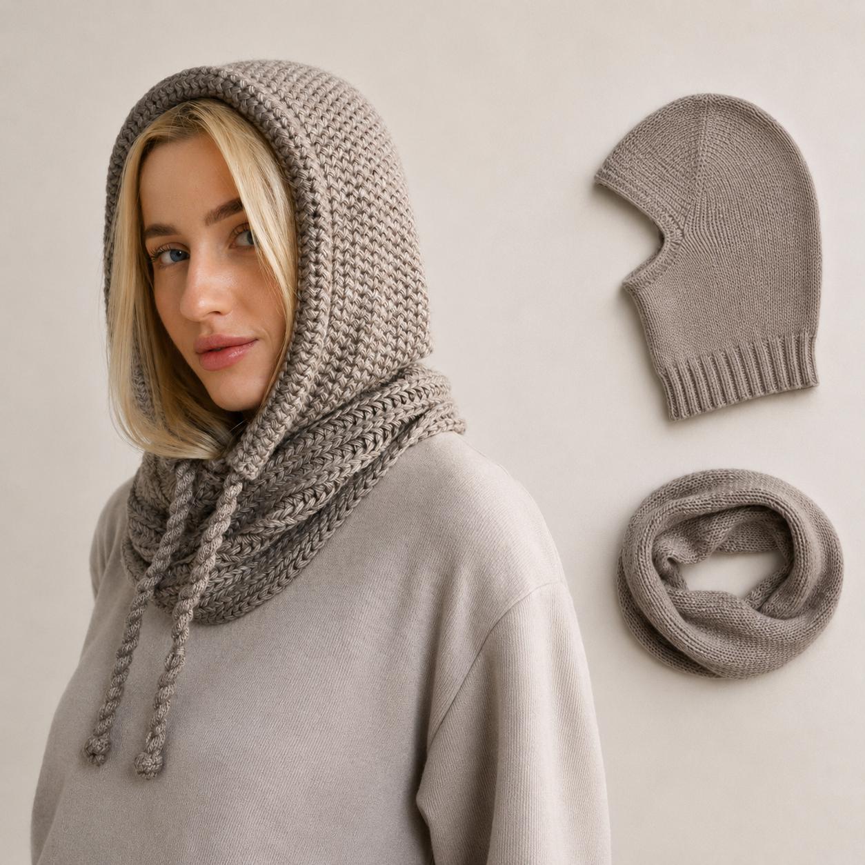 Woman wearing a taupe knit hooded scarf beside a matching balaclava and snood
