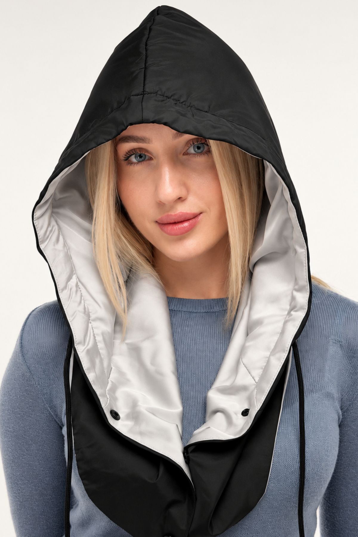 Silver satin-lined waterproof hooded scarf worn for head and neck coverage