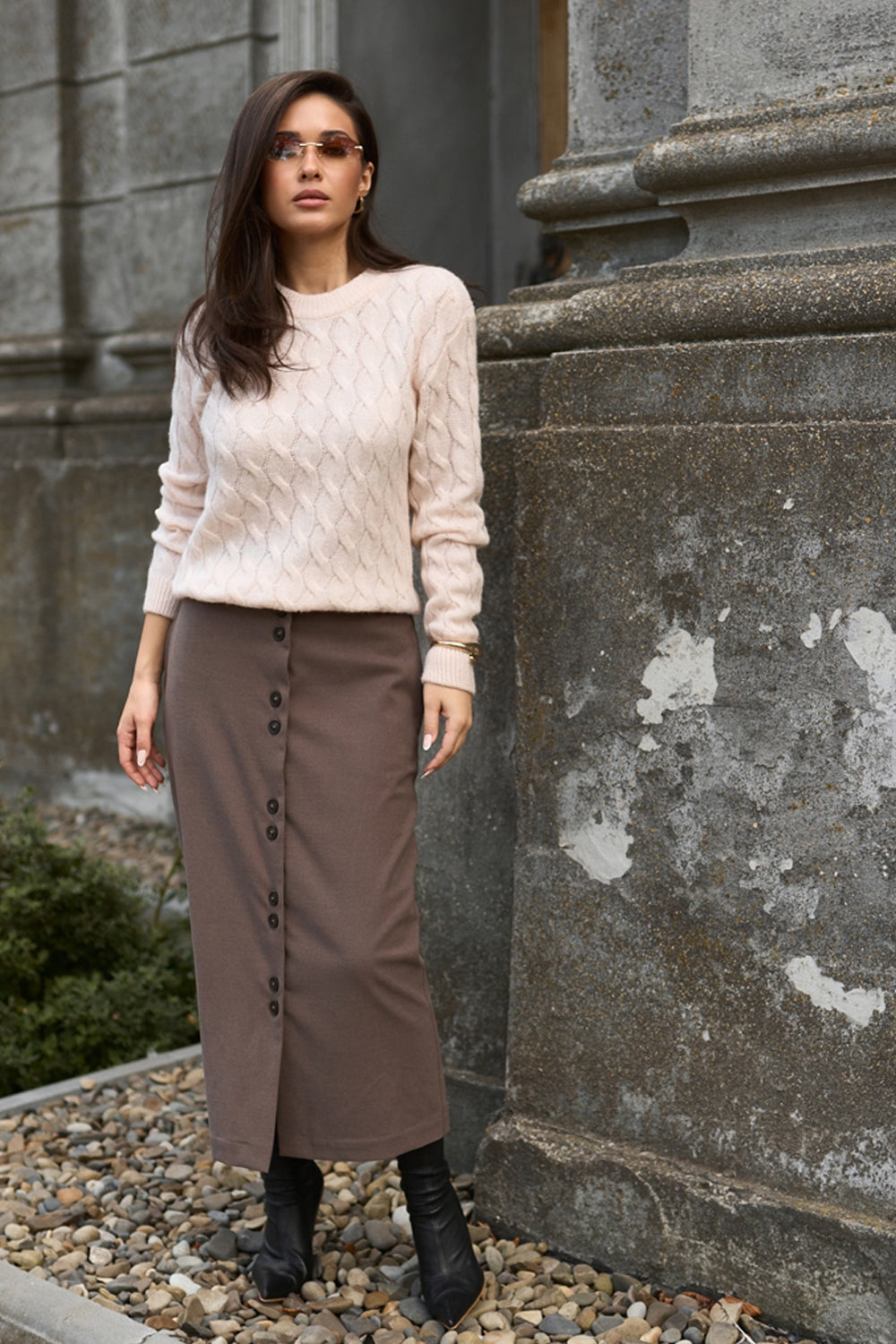Women’s Wool Midi Skirt Button Front Straight Fit