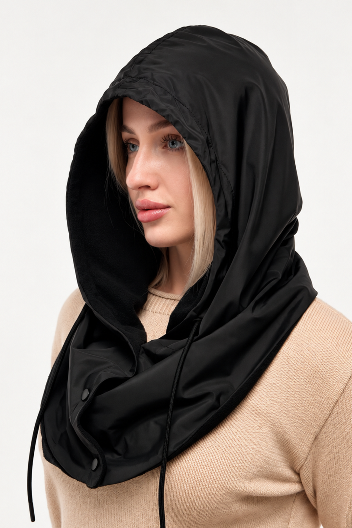 Black waterproof hooded scarf showing protective hood shape and neck coverage