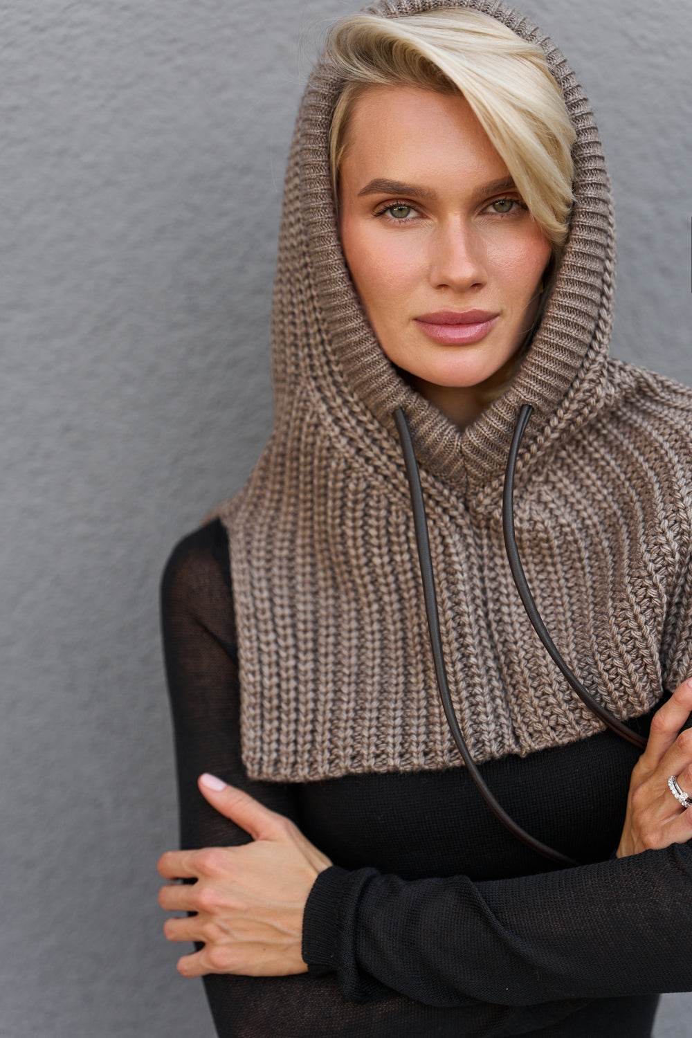 Women’s Wool Knit Hooded Scarf Snood with Drawstring