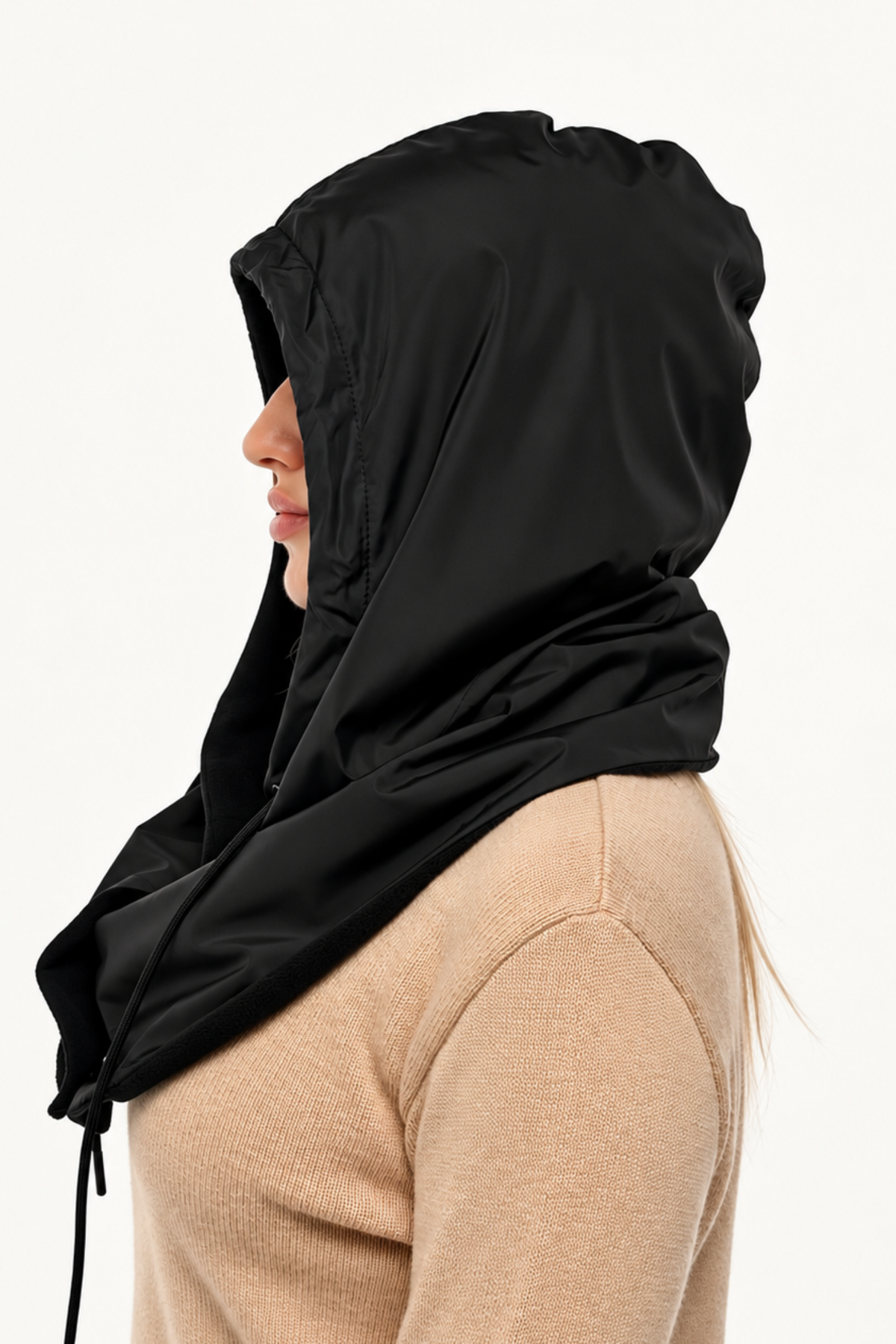 Fleece-lined rain hooded scarf styled for cold, windy and wet weather