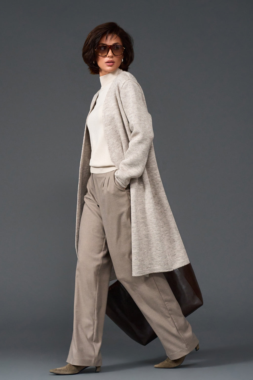 Long Wool Knit Wrap Cardigan with Faux Leather Belt