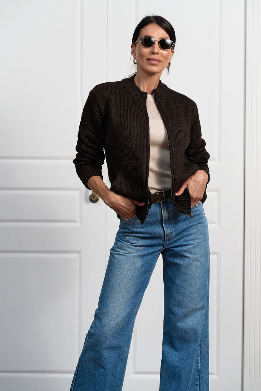 Wool Alpaca Zip Knit Cardigan with Stand Collar