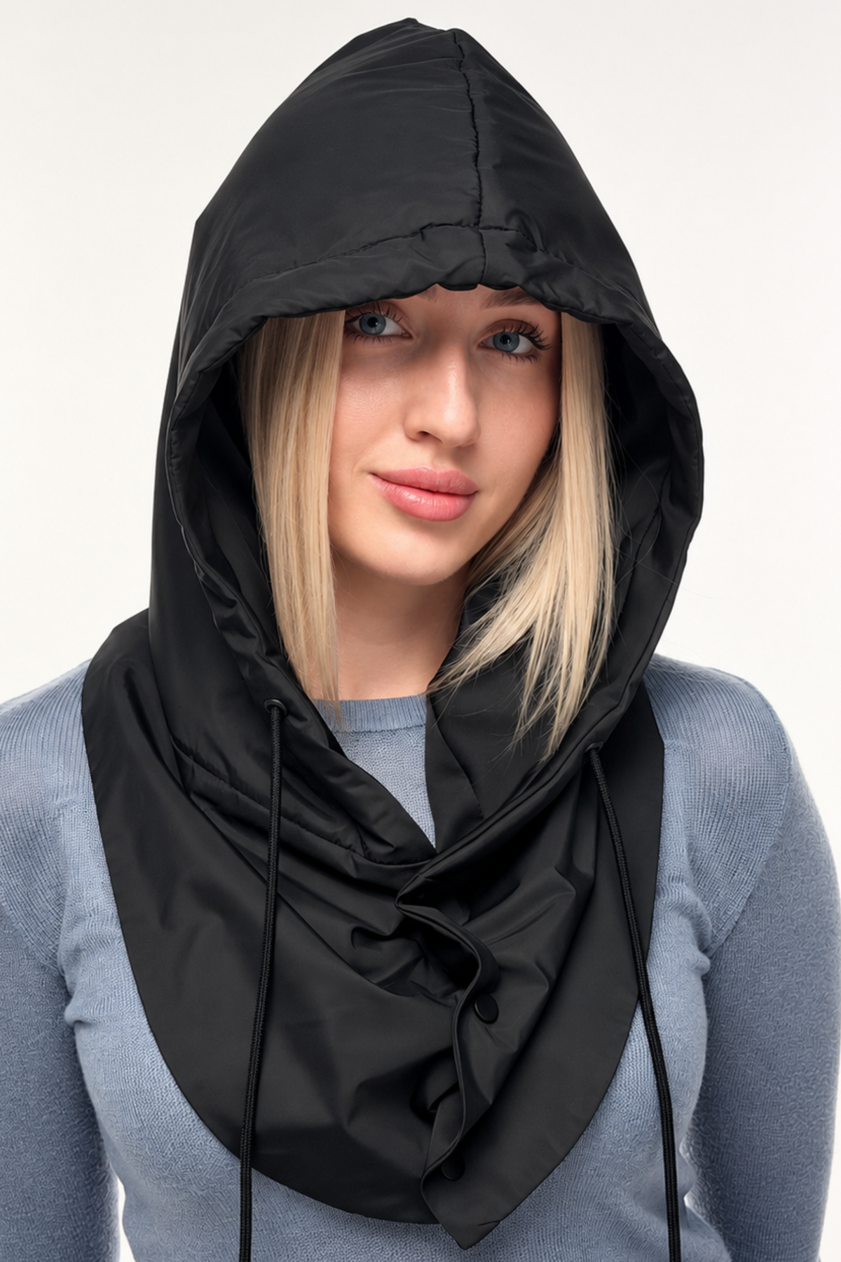 Black satin-lined waterproof hooded scarf styled over a coat
