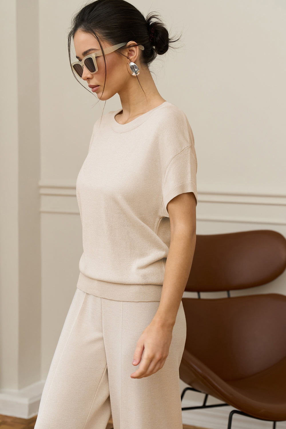 Semi-Sheer Short Sleeve Top With Dropped Shoulder