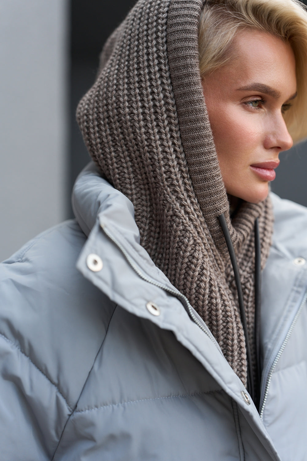 Women’s Wool Knit Hooded Scarf Snood with Drawstring