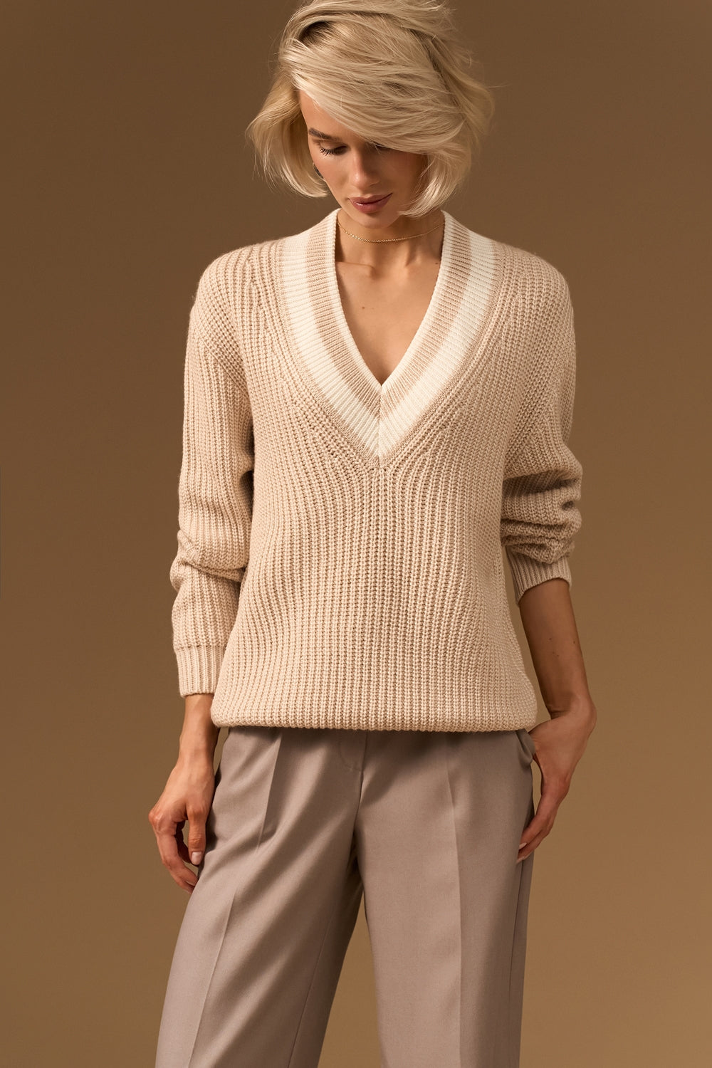 Wool Textured Knit V Neck Sweater with Dropped Shoulders