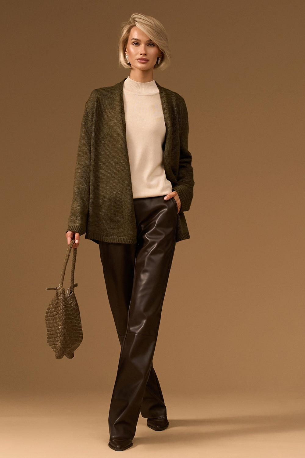 Women’s Wool Knit Wrap Cardigan with Faux Leather Tie Belt