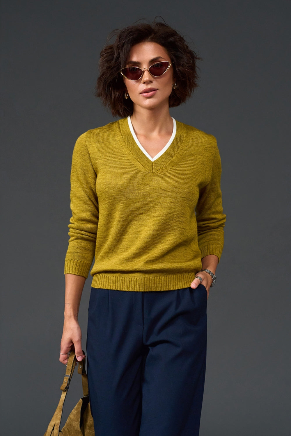 Wool V-Neck Sweater with Contrast Trim