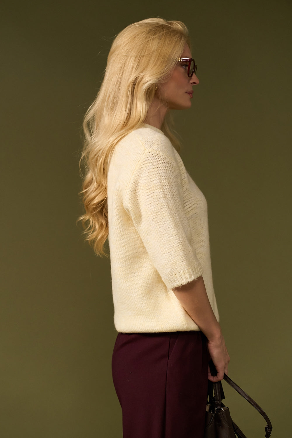 Relaxed short sleeve knit sweater with dropped shoulders