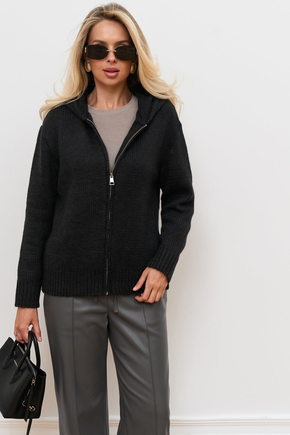 Women’s Alpaca Wool Hooded Zip Cardigan with Ribbed Trim