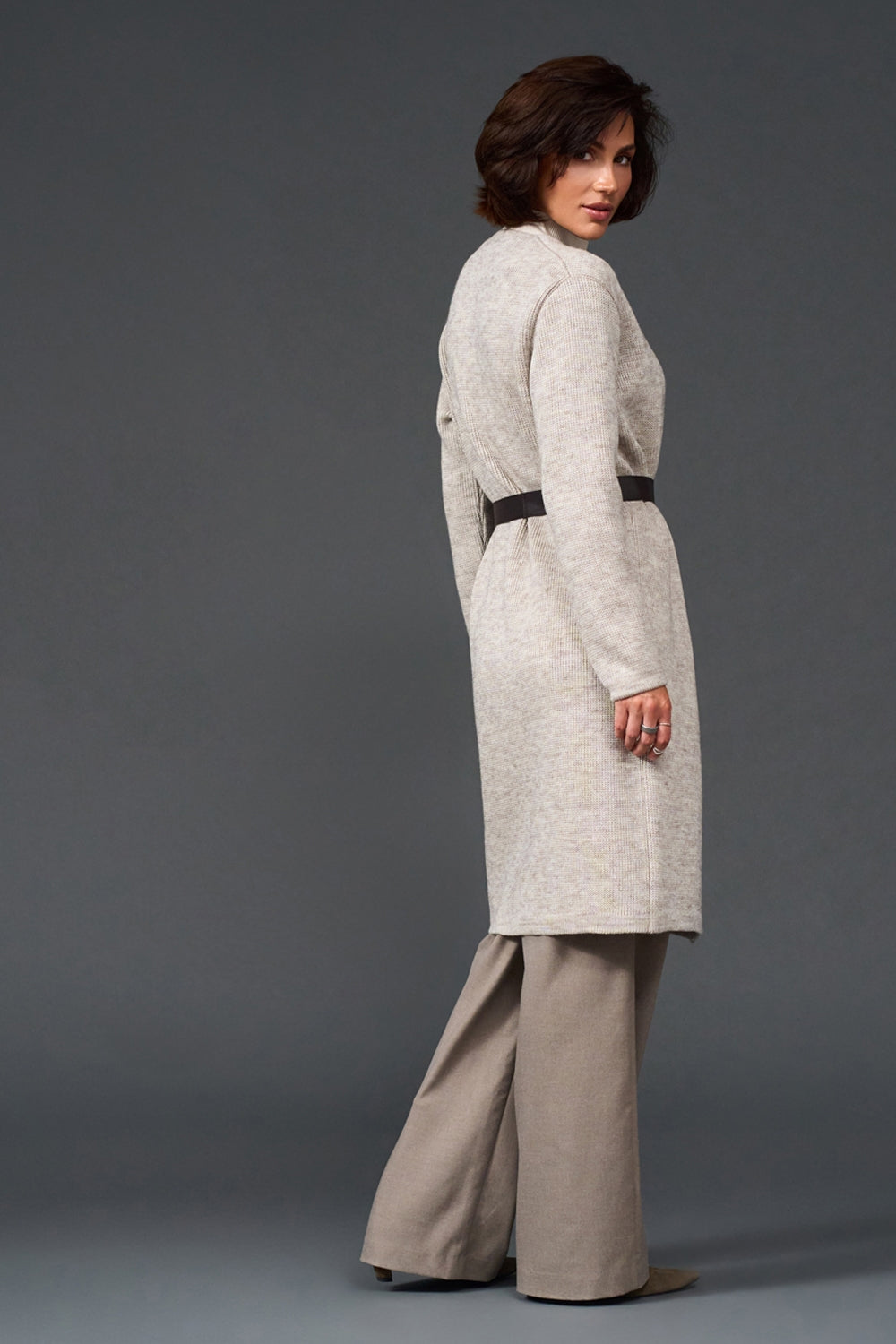 Long Wool Knit Wrap Cardigan with Faux Leather Belt