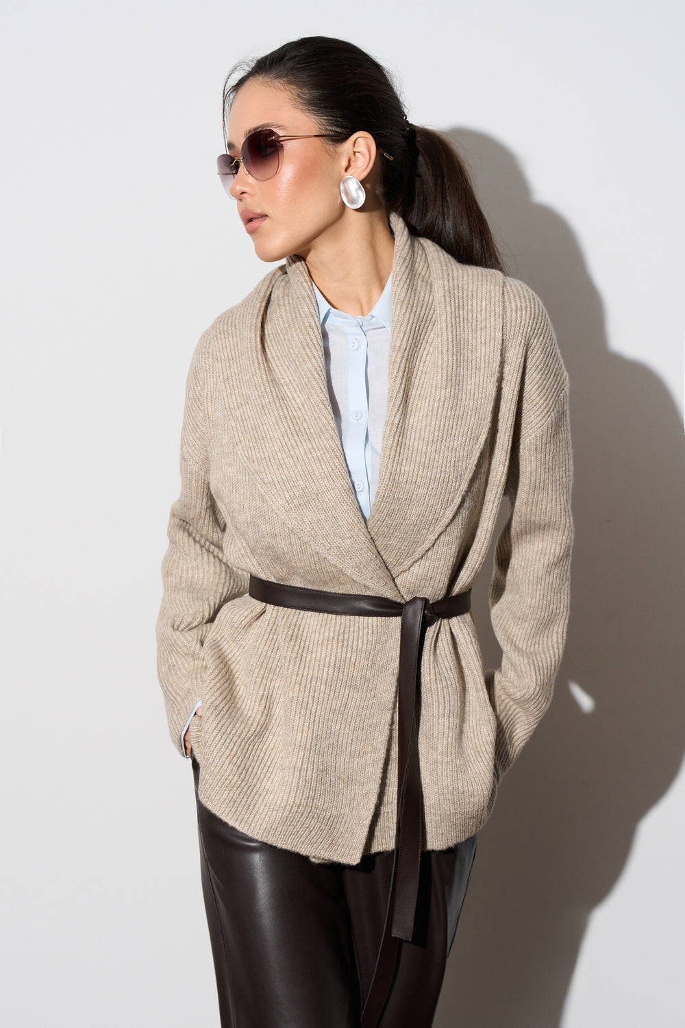 Women’s Alpaca Wool Ribbed Wrap Cardigan with Wide Shawl Collar
