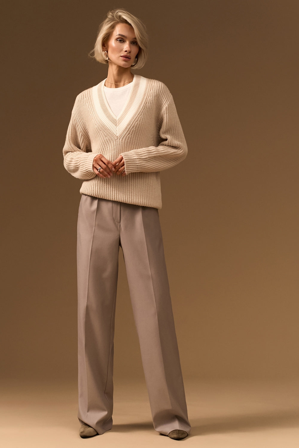 Wool Textured Knit V Neck Sweater with Dropped Shoulders