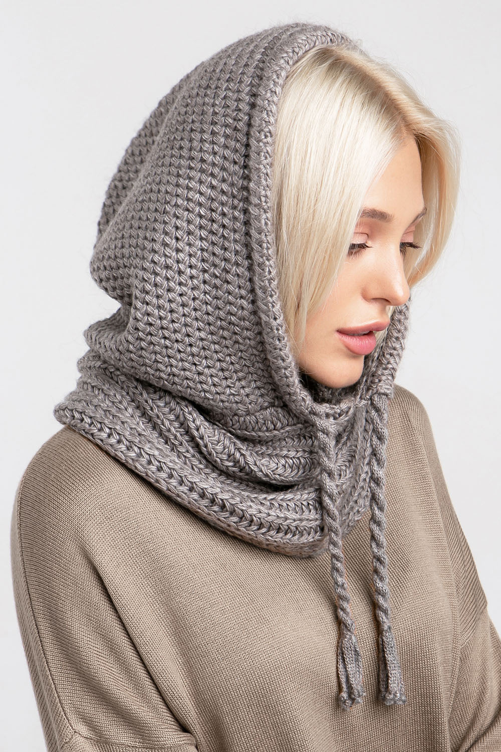 Gray-beige knit hooded scarf with drawstring for cold-weather layering
