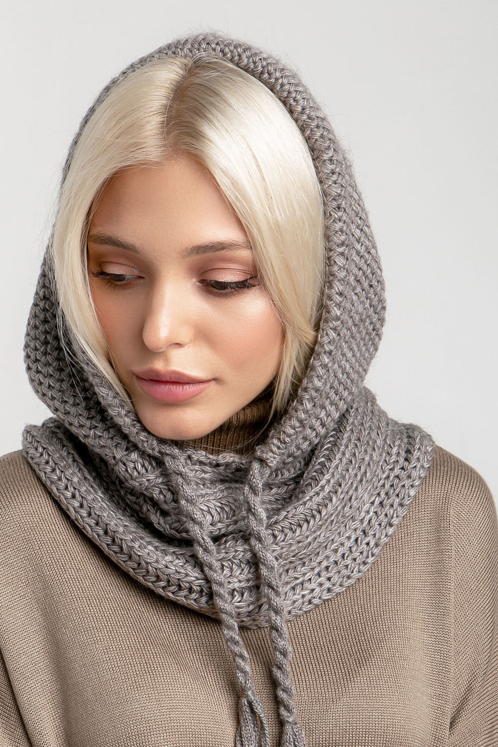 Gray-beige wool knit hooded scarf with adjustable drawstring