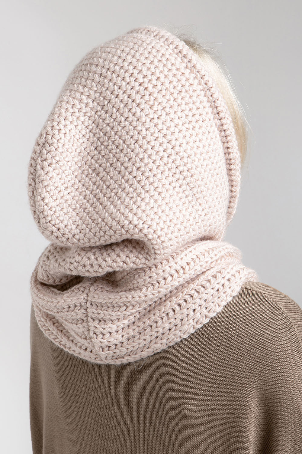 Pearl knit hooded scarf with roomy hood and neck coverage