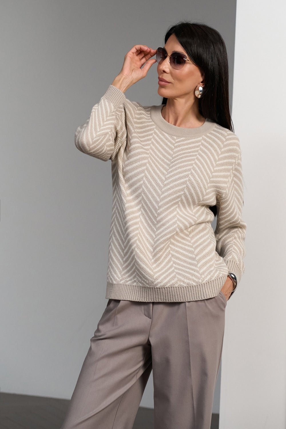 Merino wool and alpaca sweater with geometric chevron pattern