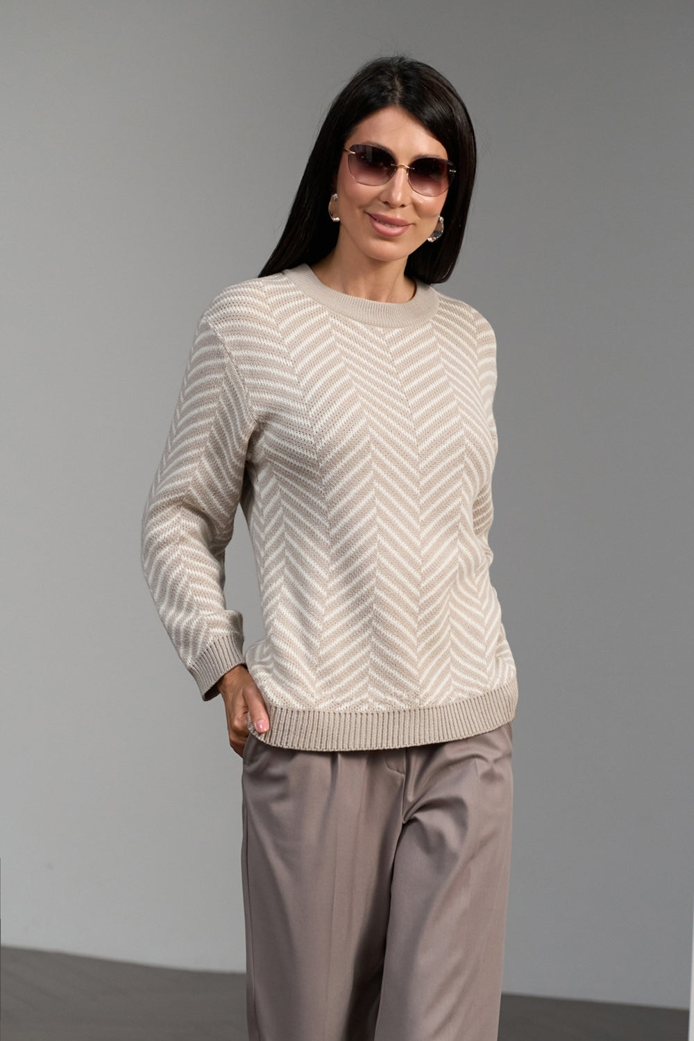 Wool alpaca chevron knit sweater with relaxed silhouette