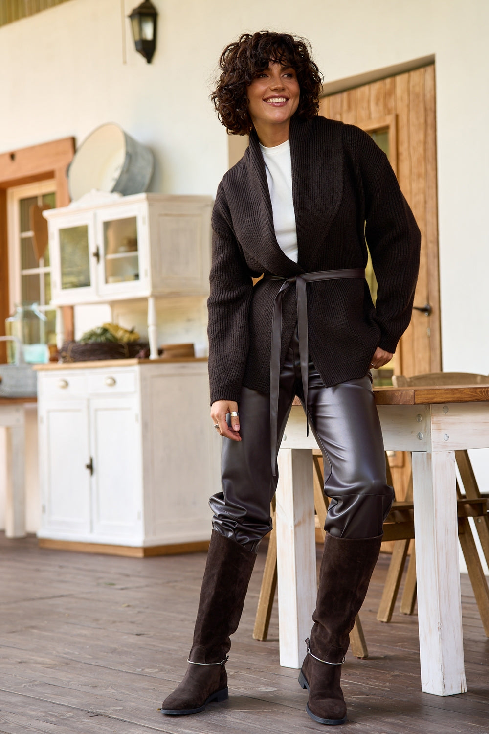 Women’s Alpaca Wool Ribbed Wrap Cardigan with Wide Shawl Collar