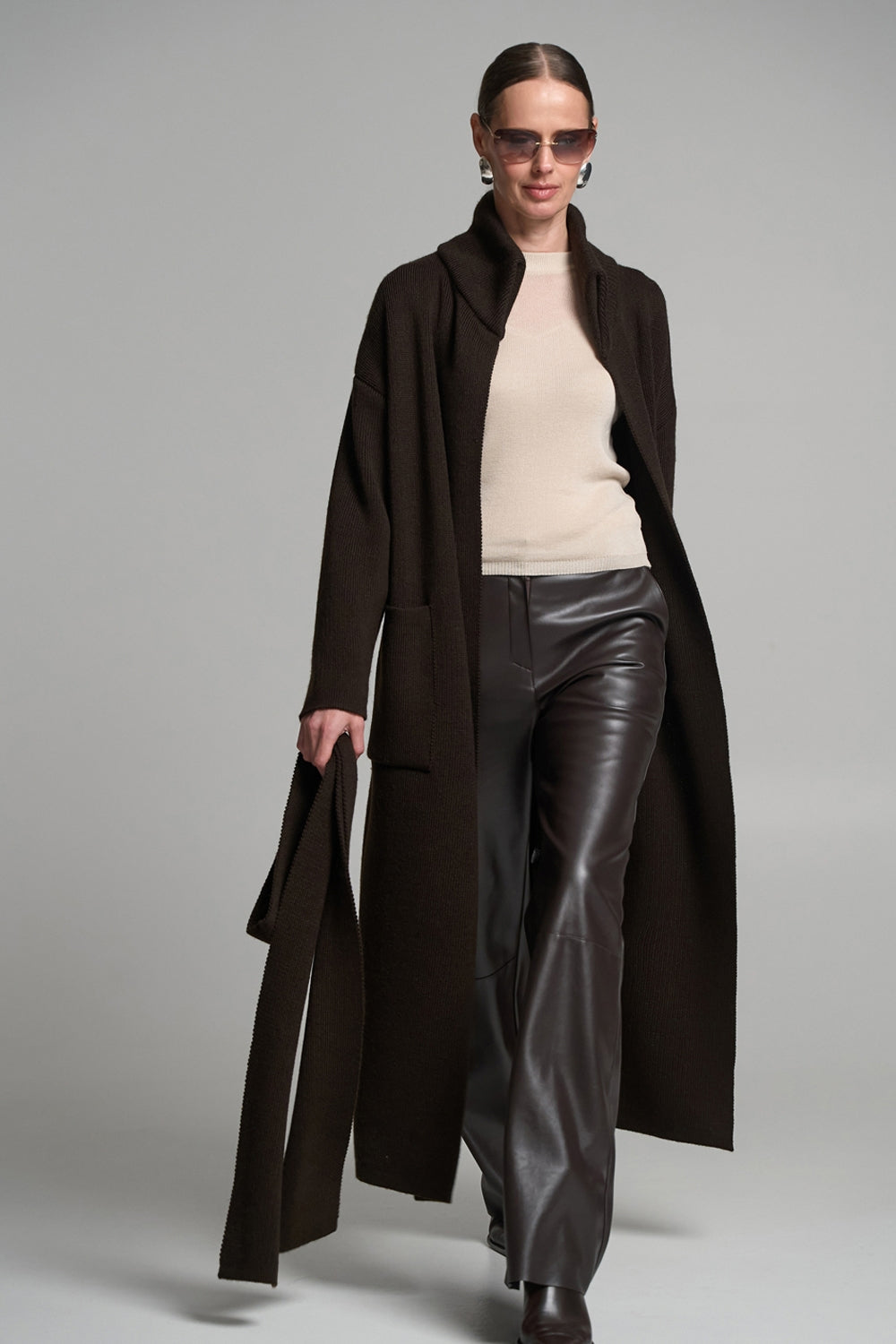 Wool Knit Wrap Coat with Belt and Double Collar