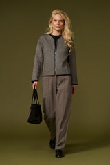 Black linen wool knit V neck zip front cardigan