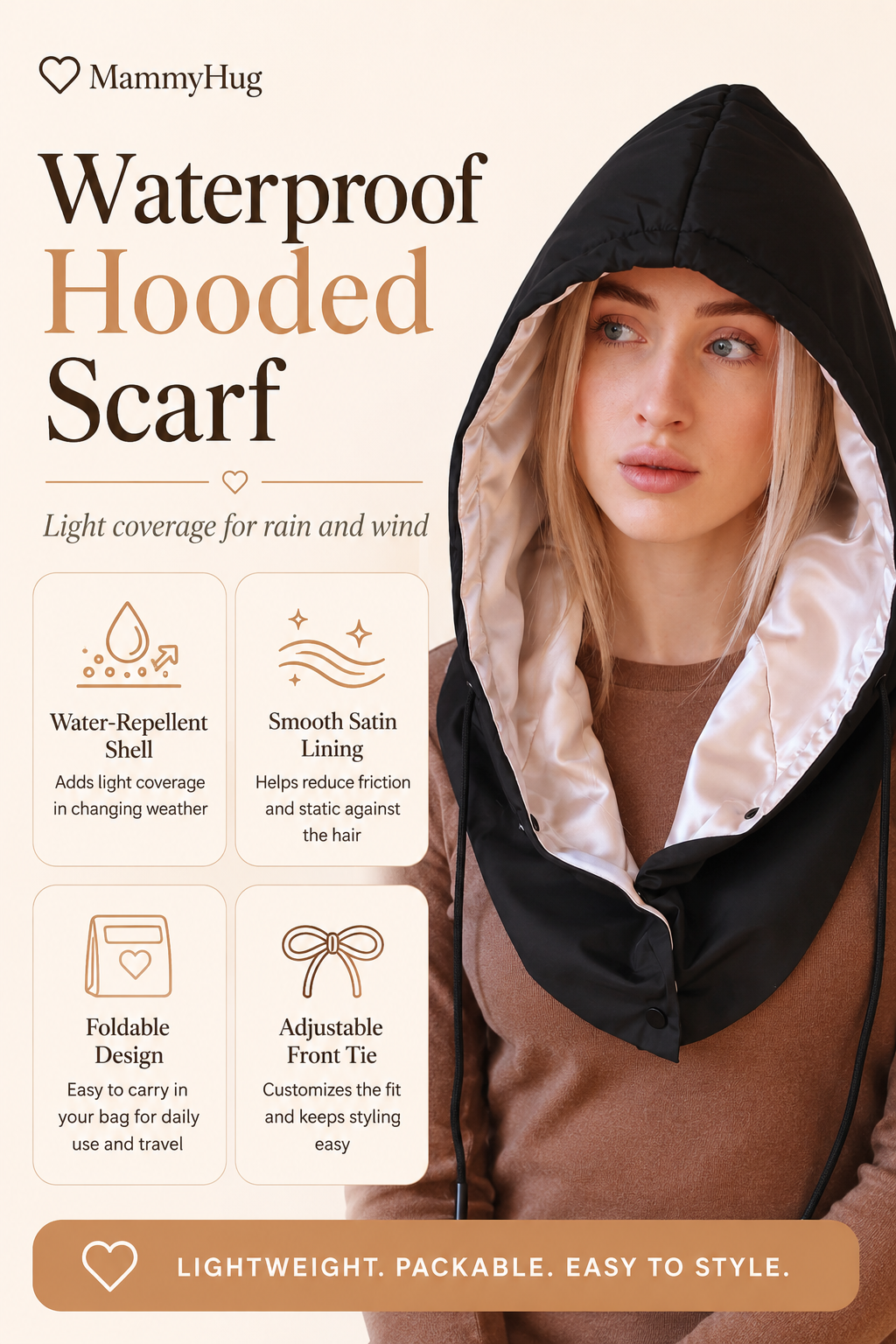 Satin-Lined Waterproof Rain Hooded Scarf