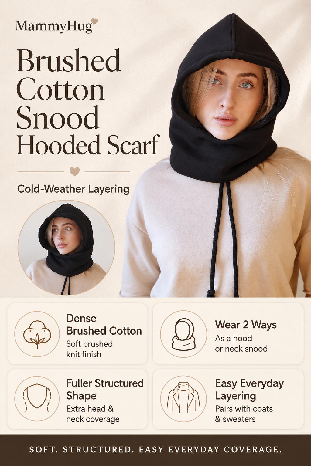 Brushed Cotton Snood Hooded Scarf
