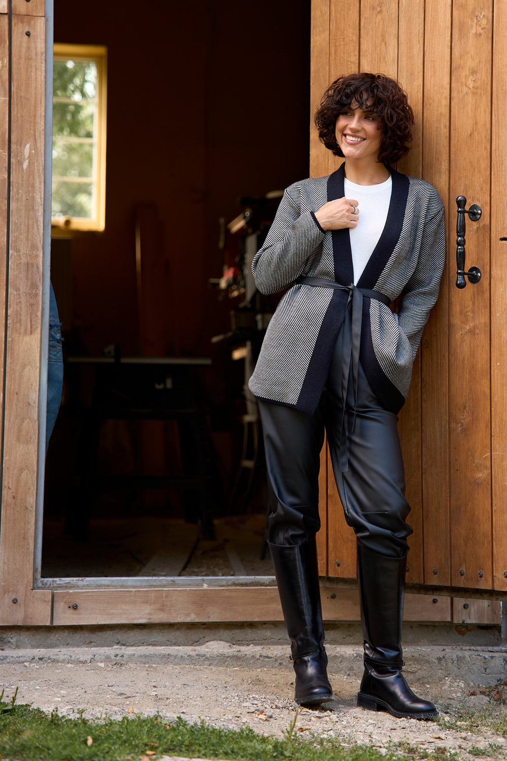 Women’s Wool Knit Wrap Cardigan with Wide Belt and Contrast Trim
