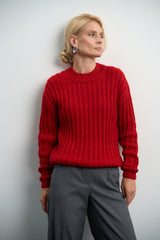 Cropped Merino Alpaca Wool Sweater with Vertical Knit, Crimson Red