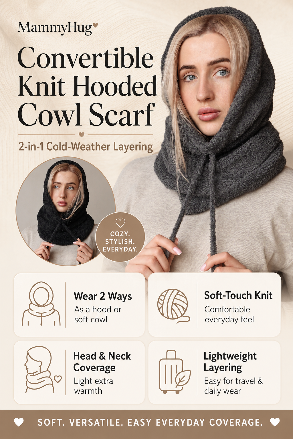 Convertible Knit Hooded Cowl Scarf
