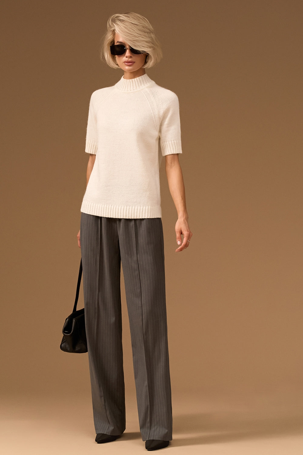 Wool Angora Raglan Mock Neck Short Sleeve Sweater