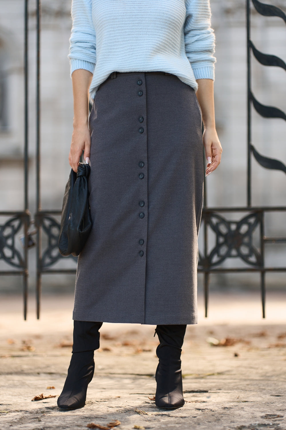 Women’s Wool Midi Skirt Button Front Straight Fit