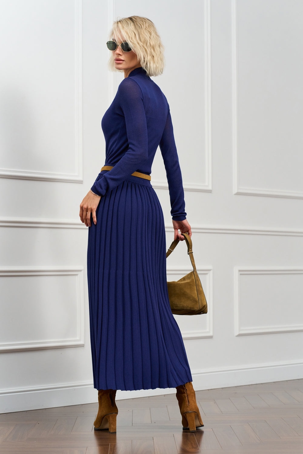 Cotton Knit Pleated Midi Skirt